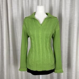 Liz Claiborne Sweater Womens Large Green Cable Knit Collared V Neck Pullover